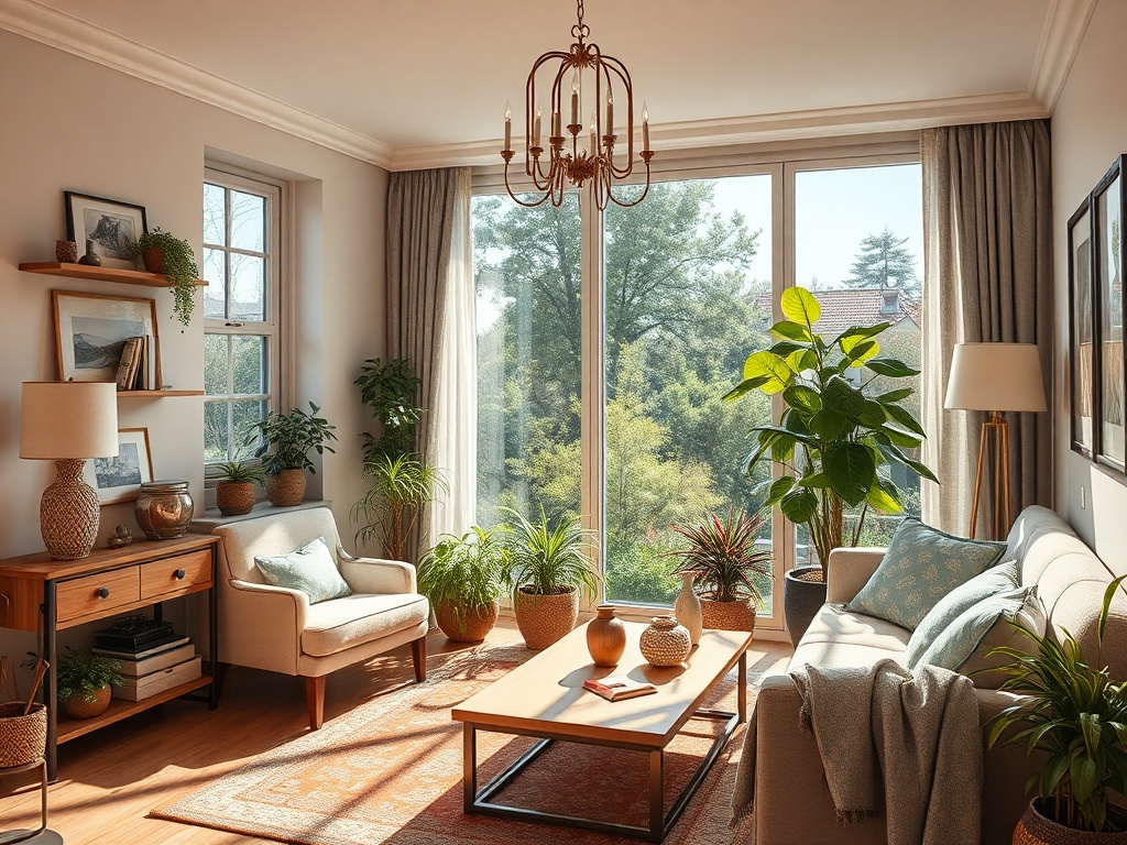 Светлая гостиная с растениями, мягкой мебелью и большими окнами, через которые виден двор.