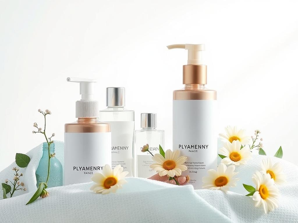 Флаконы с косметическими средствами среди цветов на белом фоне. Нежные и утончённые продукты для ухода за кожей.