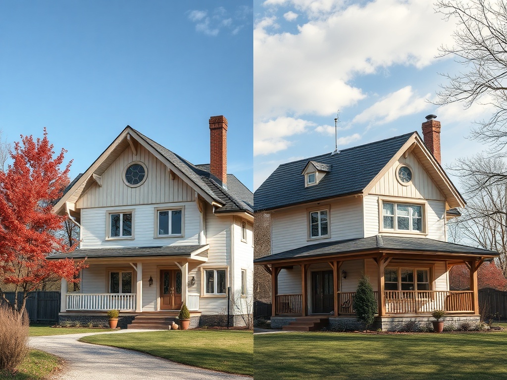 Два изображения дома: первое с красным деревом, второе со светлым фасадом и террасой. Ясное небо, уютная атмосфера.