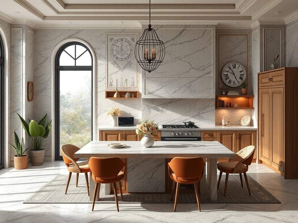 Современная кухня с мраморными стенами, деревянной мебелью и уютным обеденным столом с оранжевыми стульями.