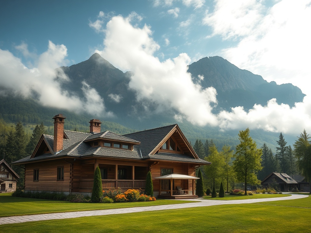 Деревянный дом на фоне величественных гор и облаков, окружённый зеленым газоном и деревьями.