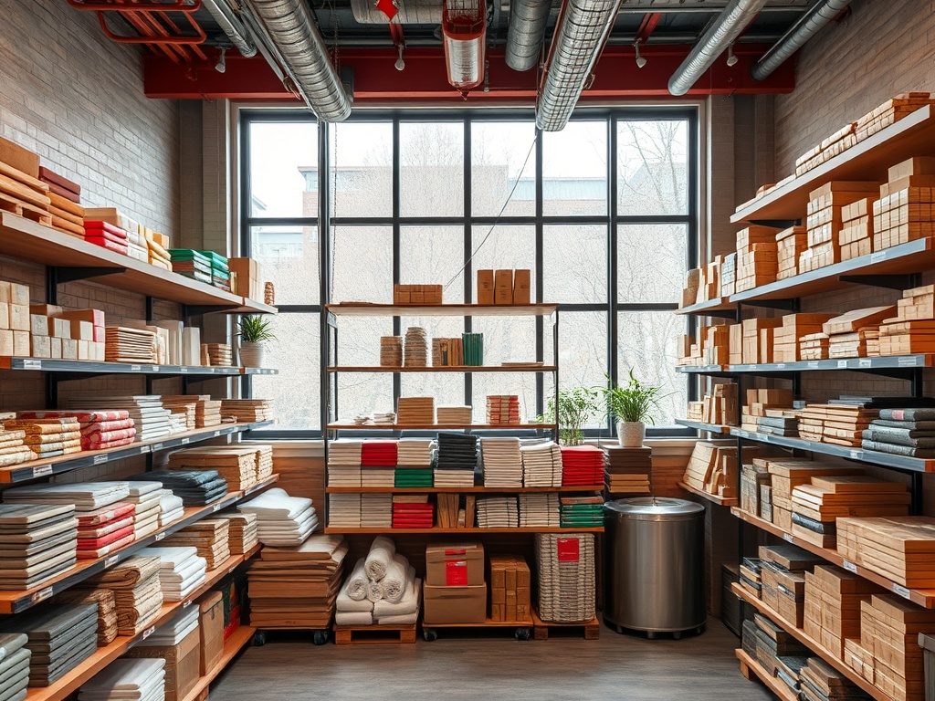 Магазин с полками, заполненными упаковками, бумажными изделиями и текстилем. Большие окна пропускают свет.