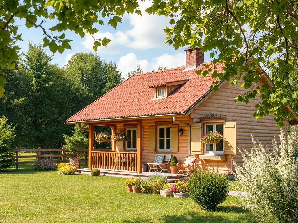 Деревянный дом с красной крышей и цветами, окружённый зелёным садом и деревьями на фоне ясного неба.