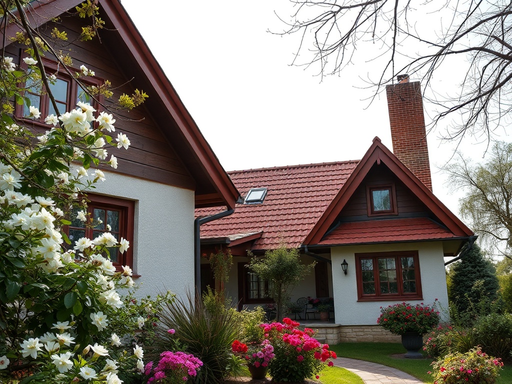 Уютный дом с цветами в саду, красной крышей и кирпичным дымоходом, окруженный зеленью.