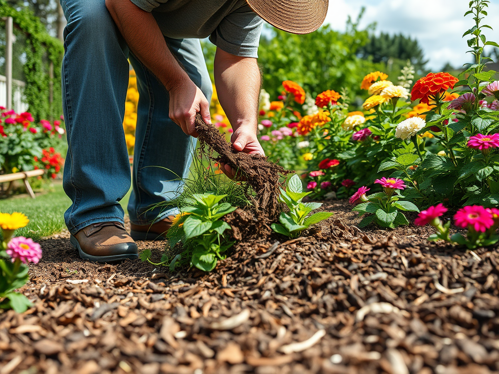 Человек сажает растения в цветочном саду на фоне ярких цветов и mulch. Лето, солнечный день.