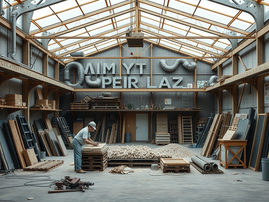 Мастерская с деревянными палетами и рабочим, занимающимся обработкой материалов. Индустриальный интерьер.