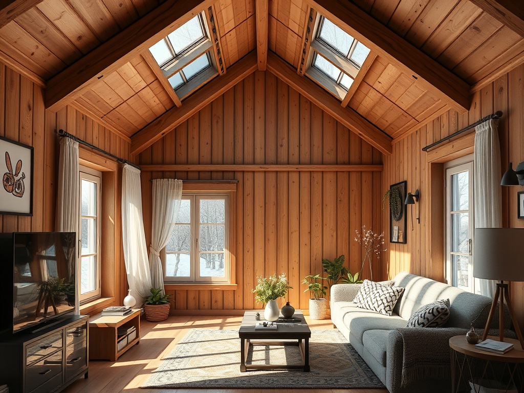 Светлая гостиная с деревянными стенами, большими окнами и уютной мебелью, наполненная природным светом.