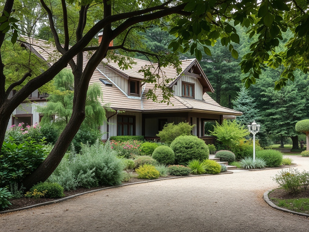 Уютный дом с садом, окружённый зелёными деревьями и цветами, на ухоженной дорожке.