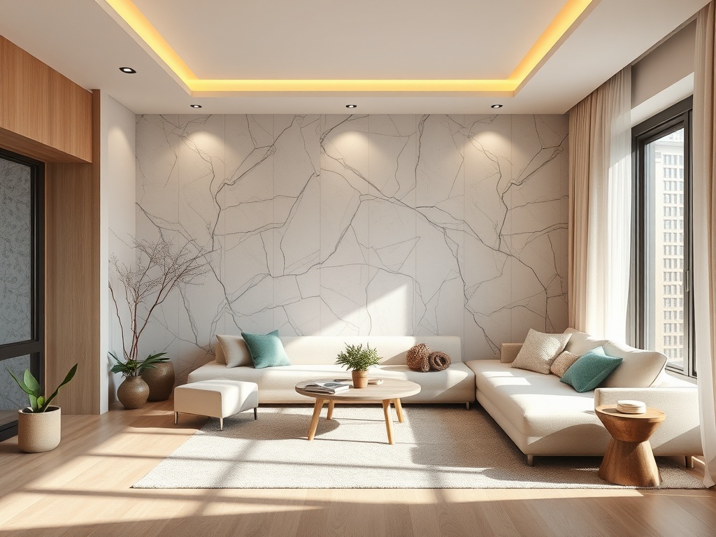 Современный интерьер светлой гостиной с панорамными окнами и уютной мебелью. Нежные оттенки и природные акценты.