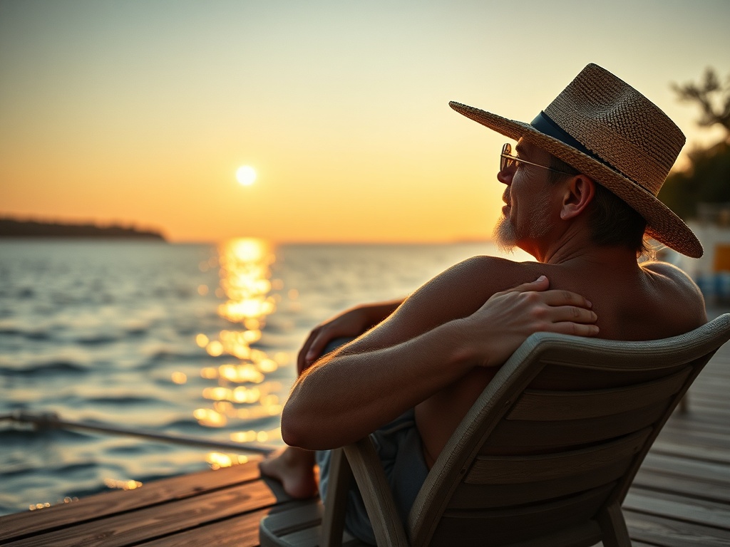 Человек в соломенной шляпе сидит на берегу, глядя на закат над водоемом. Спокойствие и расслабление.
