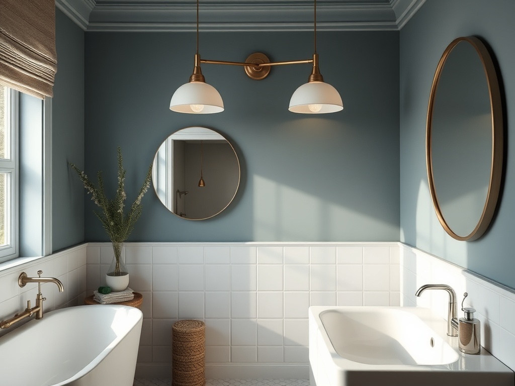 Современная ванная комната с голубыми стенами, круглым зеркалом и стильными светильниками.