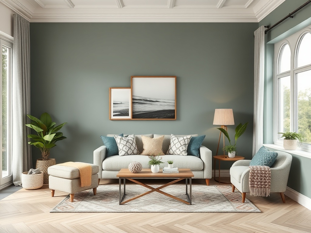 Современная гостиная с уютной мебелью, зелеными растениями и картинами на стене. Спокойные пастельные тона.