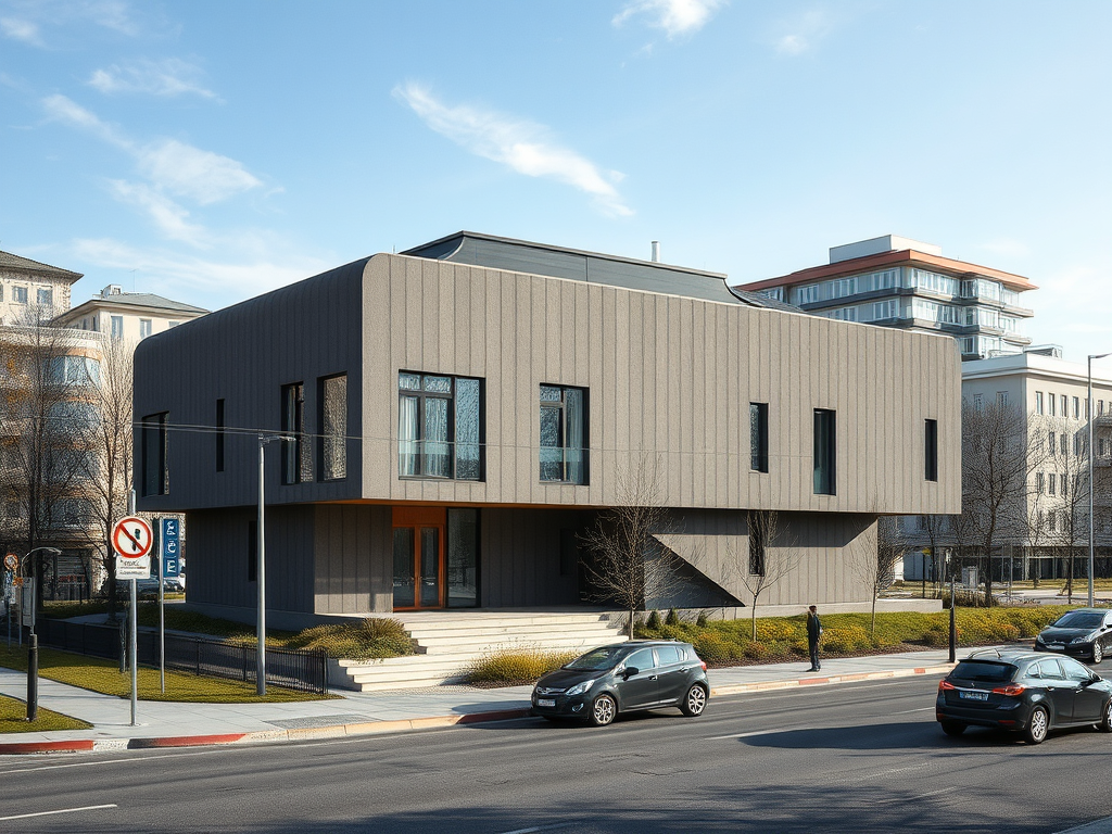 Современное здание с гладкой серой фасадом и большими окнами, расположенное на улице в городском окружении.