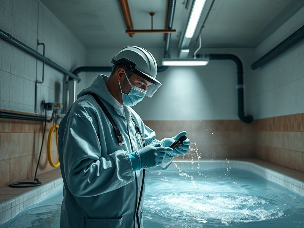 Работник в защитной одежде проверяет воду в бассейне с помощью устройства в помещении.