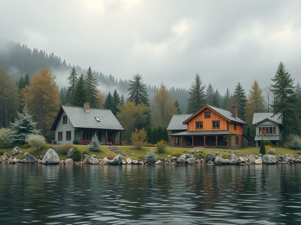 На берегу озера расположены три дома, окруженные соснами и осенними деревьями в туманном пейзаже.