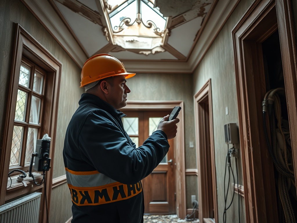 Рабочий в каске стоит в коридоре с повреждённым потолком и смотрит в телефон. Состояние помещения ухудшилось.