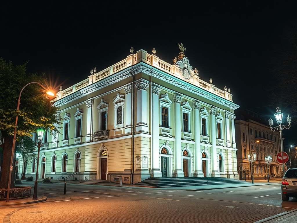 Здание освещено ночью, с архитектурными деталями и фонарями на улице. Спокойная атмосфера города.