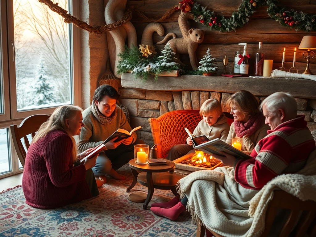 Семья читает книги у камина, наслаждаясь уютным зимним вечером с свечами и теплым светом.