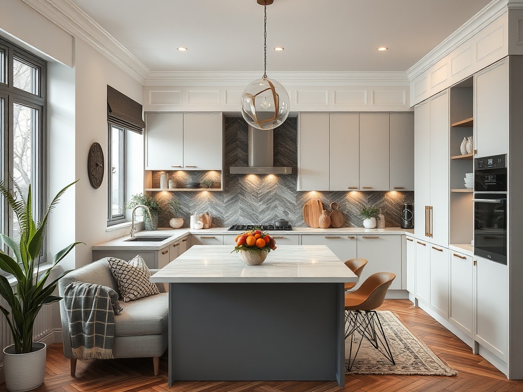 Современная кухня с островом, светлыми шкафами и стильным декором, украшенная растениями и фруктами.