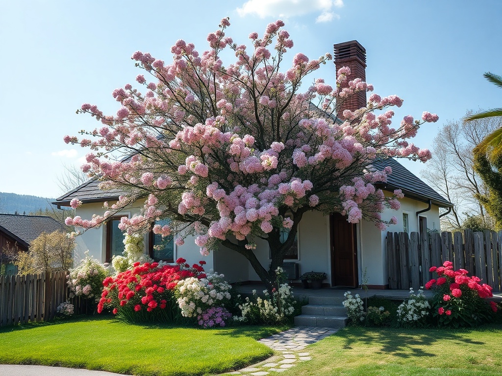 Уютный дом с цветущим деревом и яркими цветами в саду на фоне голубого неба.