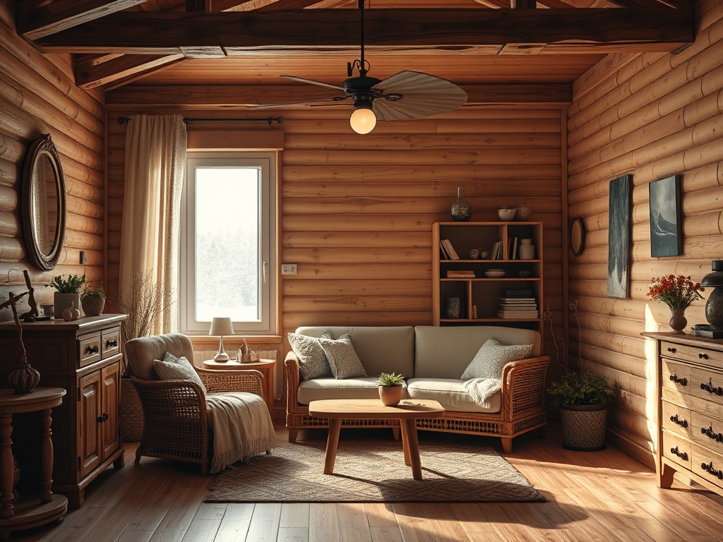 Уютная гостиная с деревянными стенами, светлым диваном, столиком и витражом на окне.