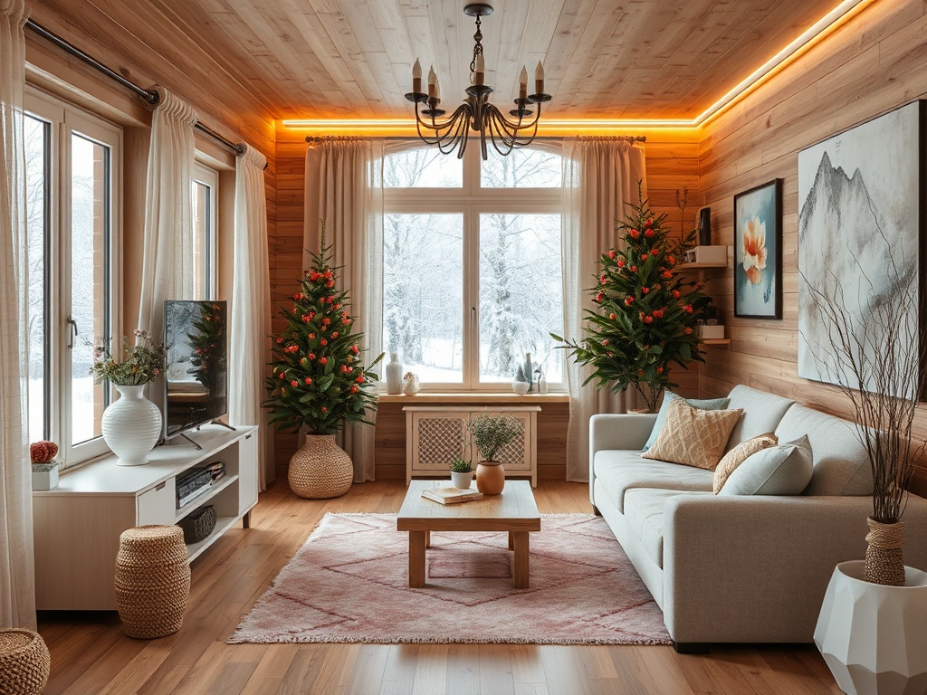 Уютная гостиная с рождественскими елками, светлыми шторами и деревянными стенами в зимнем пейзаже.