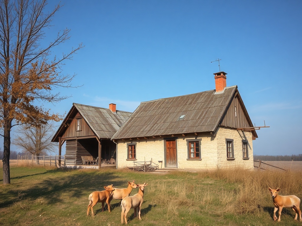 Деревенский дом с крышей из шифера, окруженный травой и несколькими оленями на фоне ясного неба.