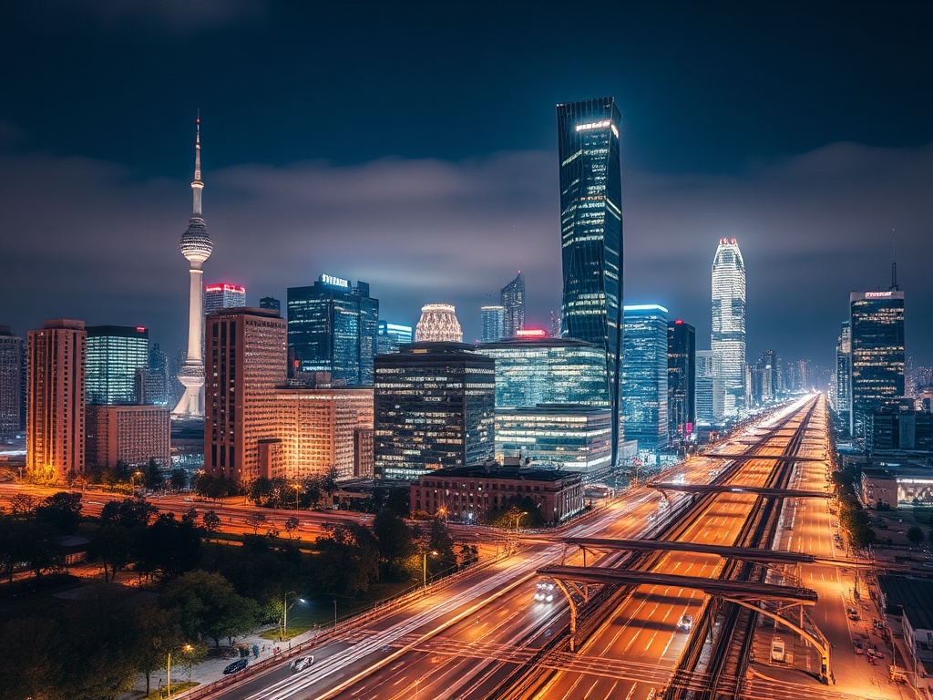 Ночной городской пейзаж с высокими зданиями и мощной транспортной сетью, жемчужина современного Китая.