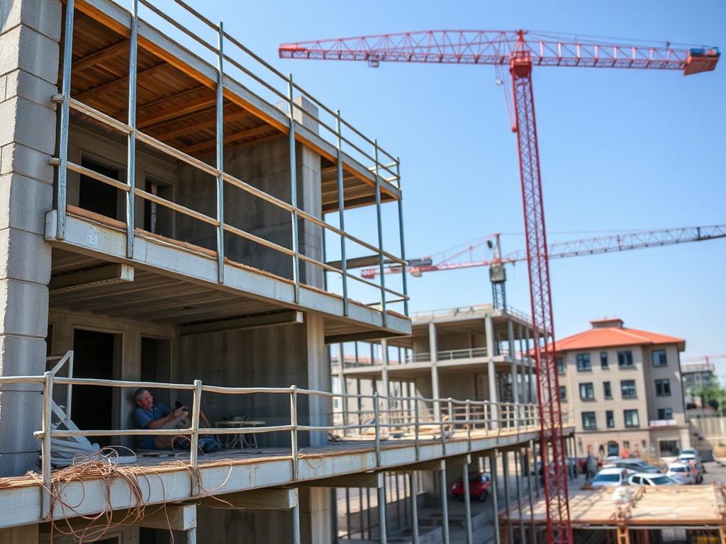 Рабочий отдыхает на строительном балконе, рядом с башенными кранами, в солнечный день.