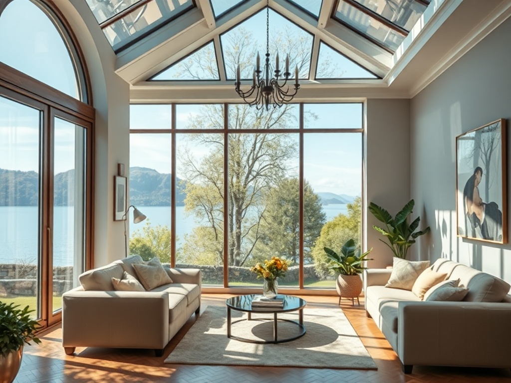 Светлая гостиная с большими окнами, видами на озеро и зелеными растениями. Уютная обстановка и стильный интерьер.