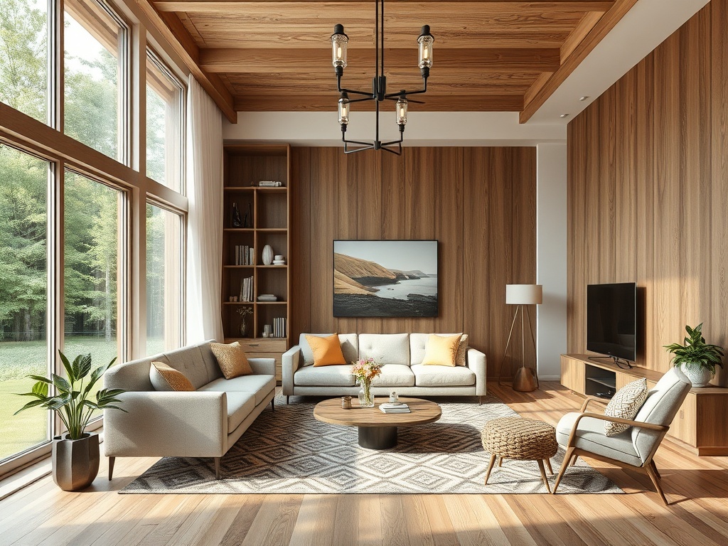 Современная гостиная с деревянными стенами, большими окнами, уютной мебелью и растениями.