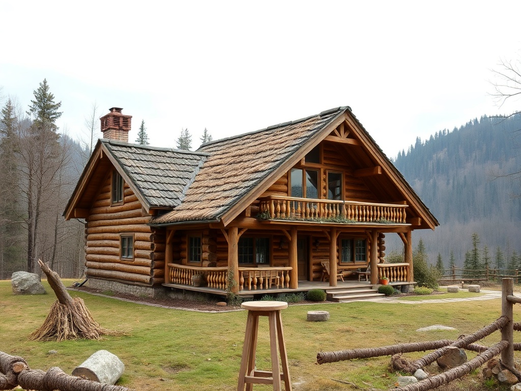 Деревянный дом в горах, окружённый лесом, с балконами и крышей из соломы. Спокойная природа вокруг.