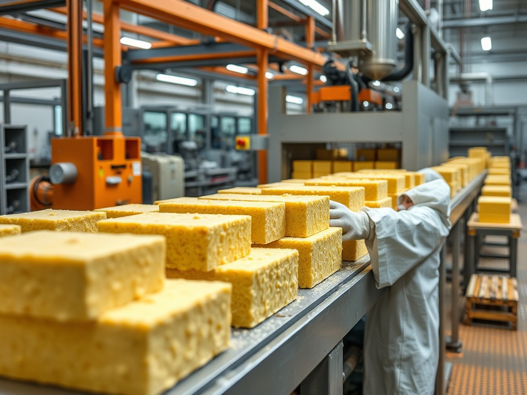 Рабочий на производственной линии с желтыми кусками сыра в современном цехе.