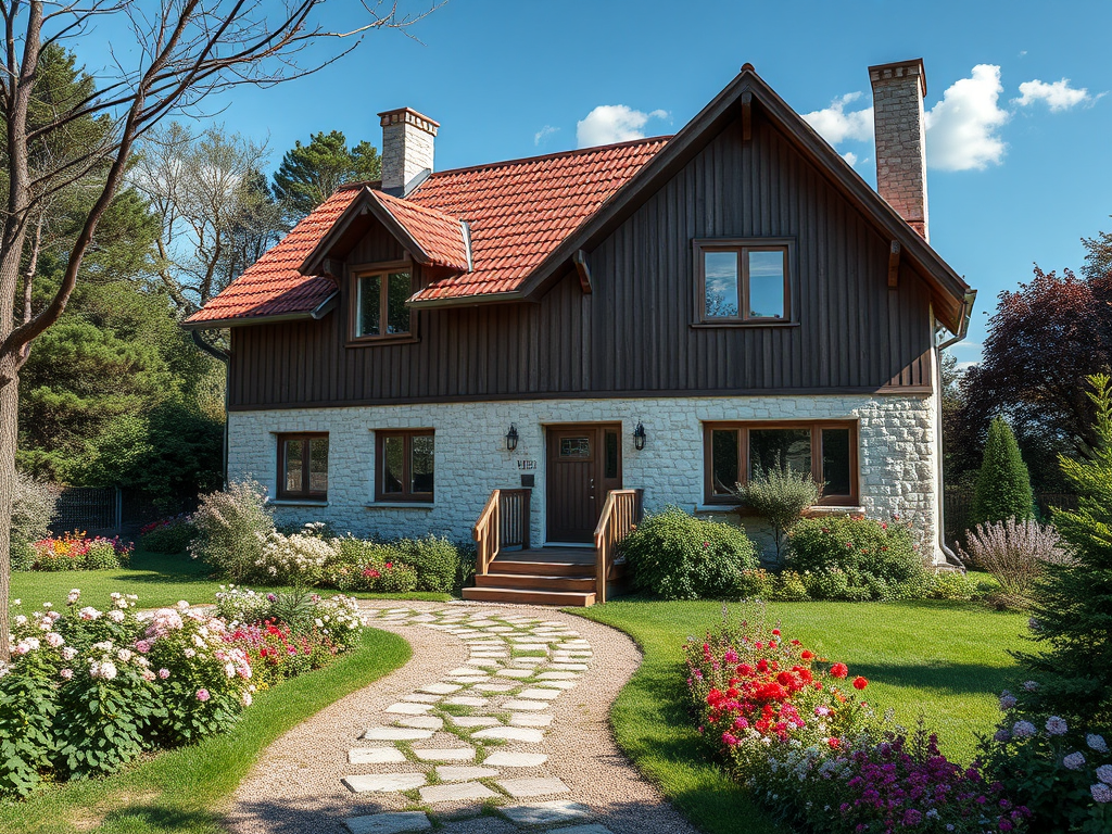 Современный дом с кирпичной отделкой и цветущим садом, вымощенная дорожка ведет к входной двери.