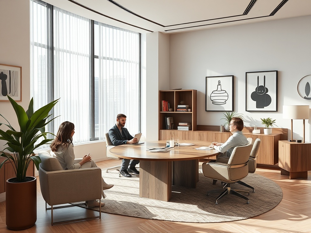 Современный офис с круглым столом, где мужчины и женщины обсуждают что-то важное. Яркий свет из окна.