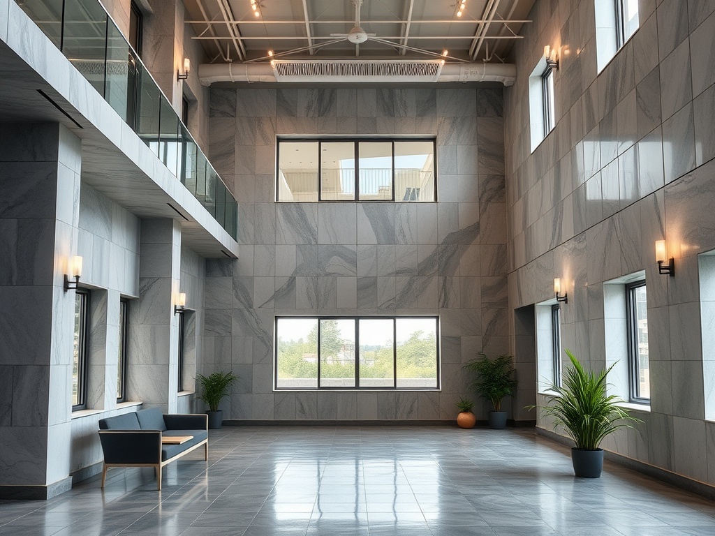 Современный интерьер с мраморными стенами, большими окнами и зелеными растениями в светлом пространстве.