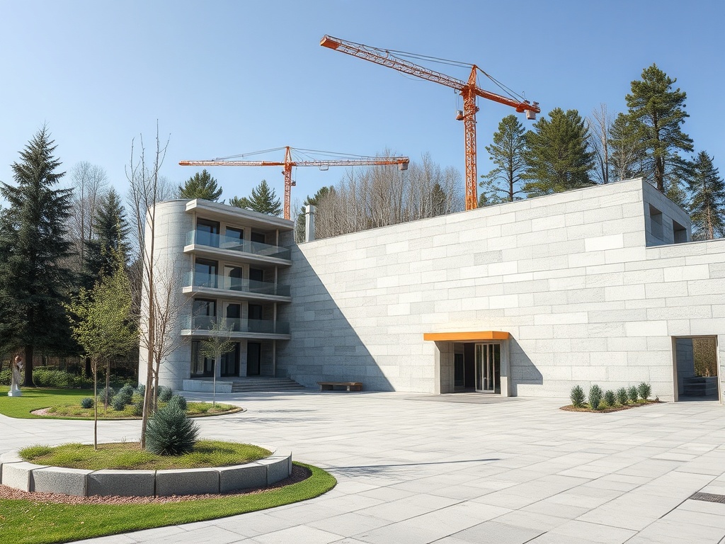 Современное здание с крупными окнами и строительными кранами на фоне ясного неба и деревьев.