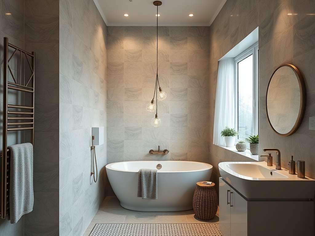 Современная ванная комната с ванной, раковиной и панорамным окном, оформленная в светлых тонах.