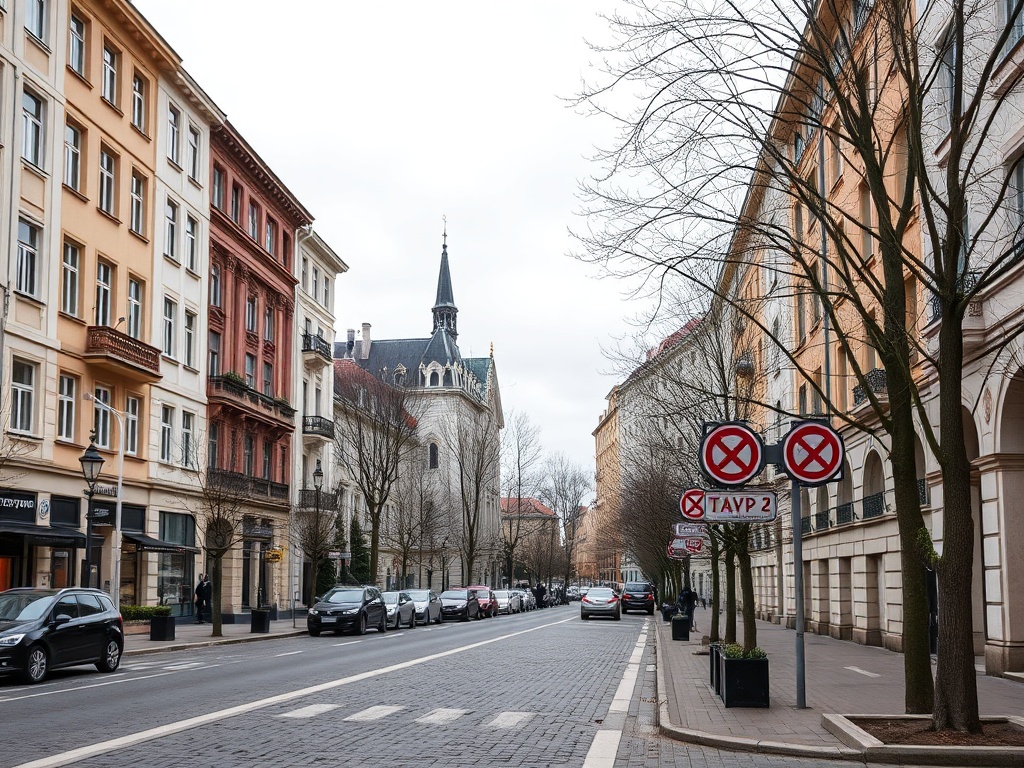 Пешеходная улица с красивыми зданиями и дорожными знаками о запрете остановки. Небо облачное.