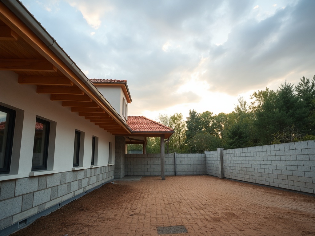 Пустой дворик с плиточным покрытием, окружённый стенами и зелеными деревьями на заднем плане, под облачным небом.