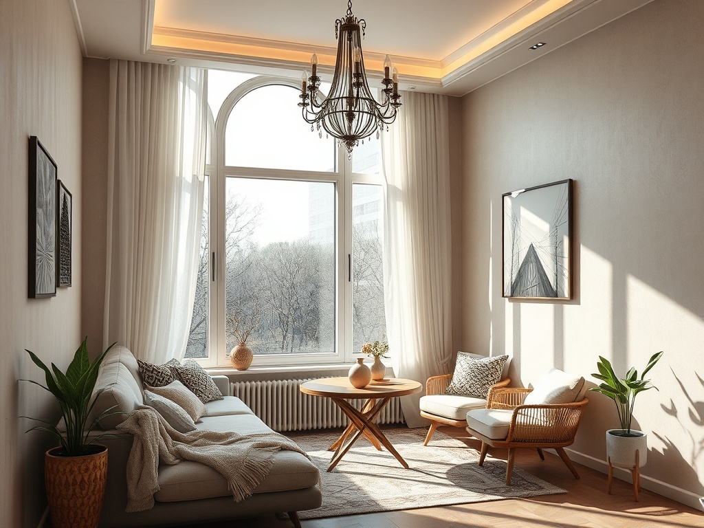 Светлая гостиная с большим окном, уютной мебелью и зелеными растениями в солнечном свете.