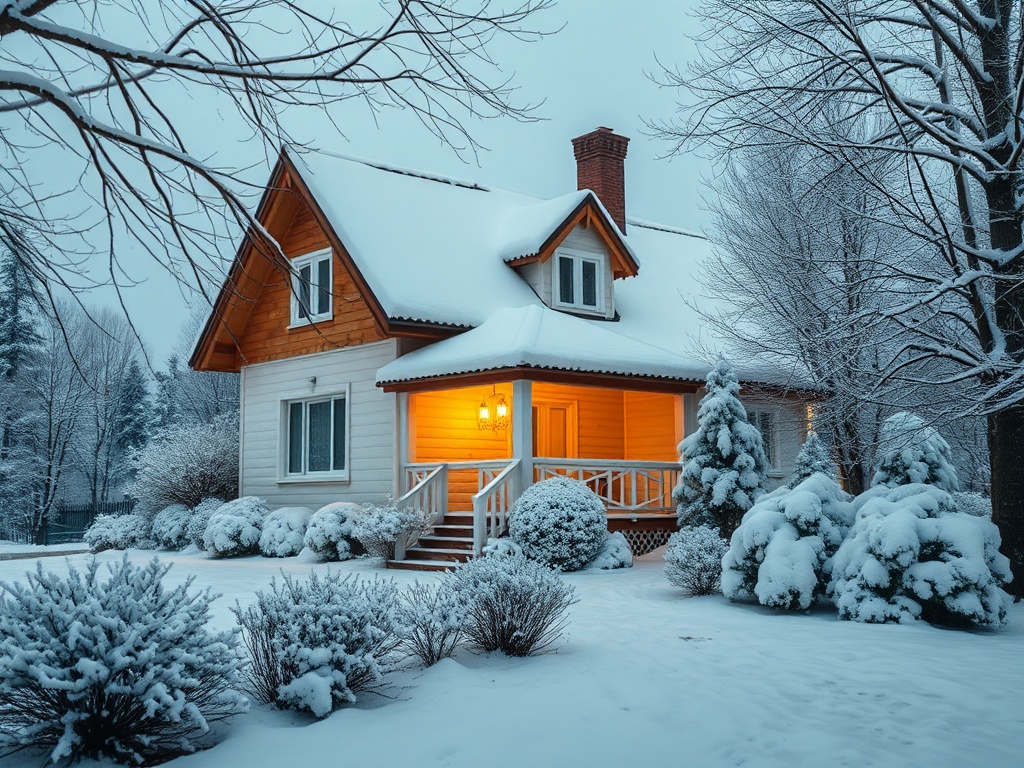 Зимний дом с теплом внутри, окруженный снежными деревьями и кустами, создающий атмосферу уюта.