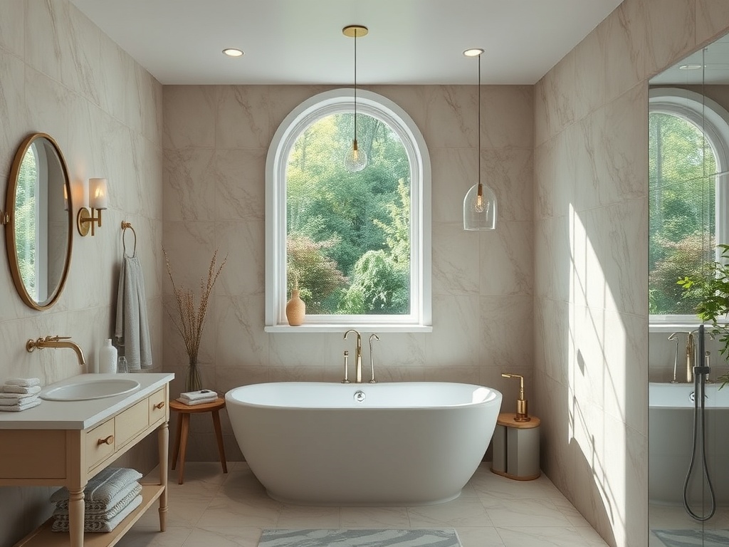 Светлая ванная комната с большим окном, ванной, раковиной и современным дизайном. Много света и зелени снаружи.