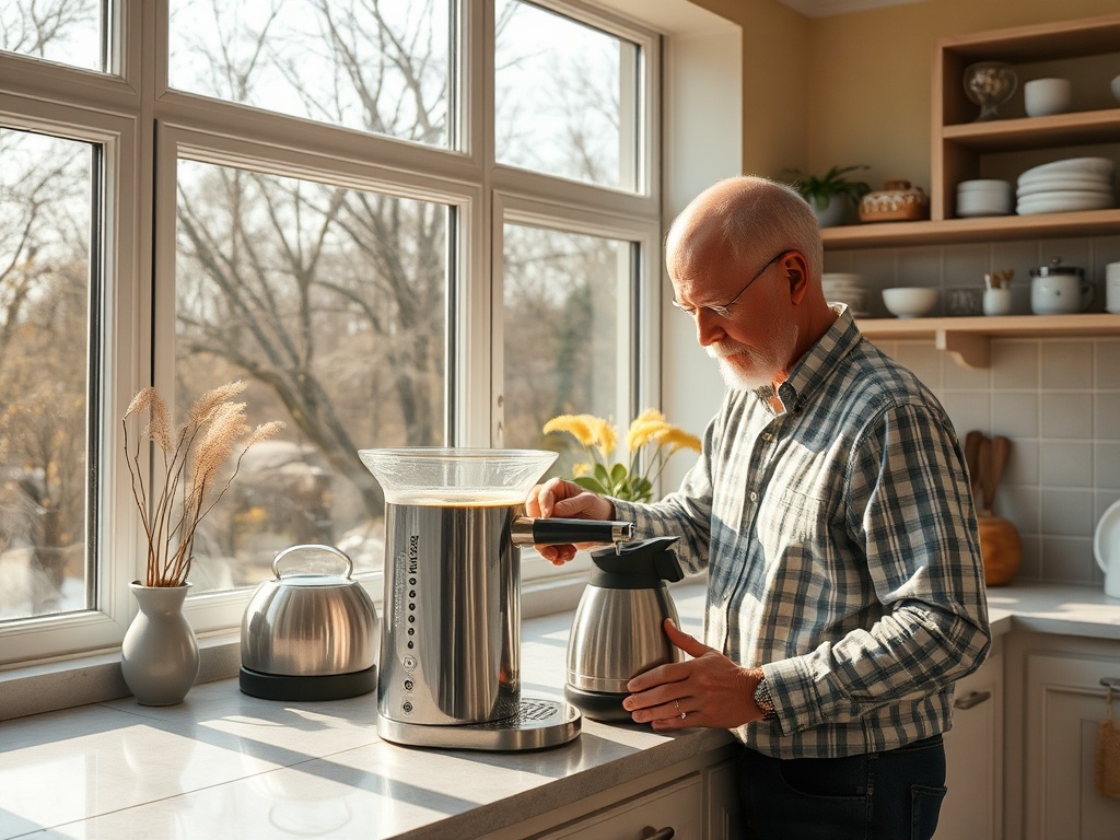 Пожилой мужчина готовит кофе на кухне у окна с видом на природу в солнечный день. Стильный дизайн интерьера.