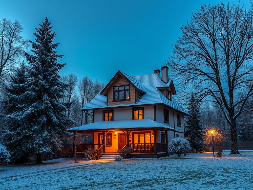 Красивый дом в зимнем лесу, освещённый тёплым светом на фоне снежного пейзажа.